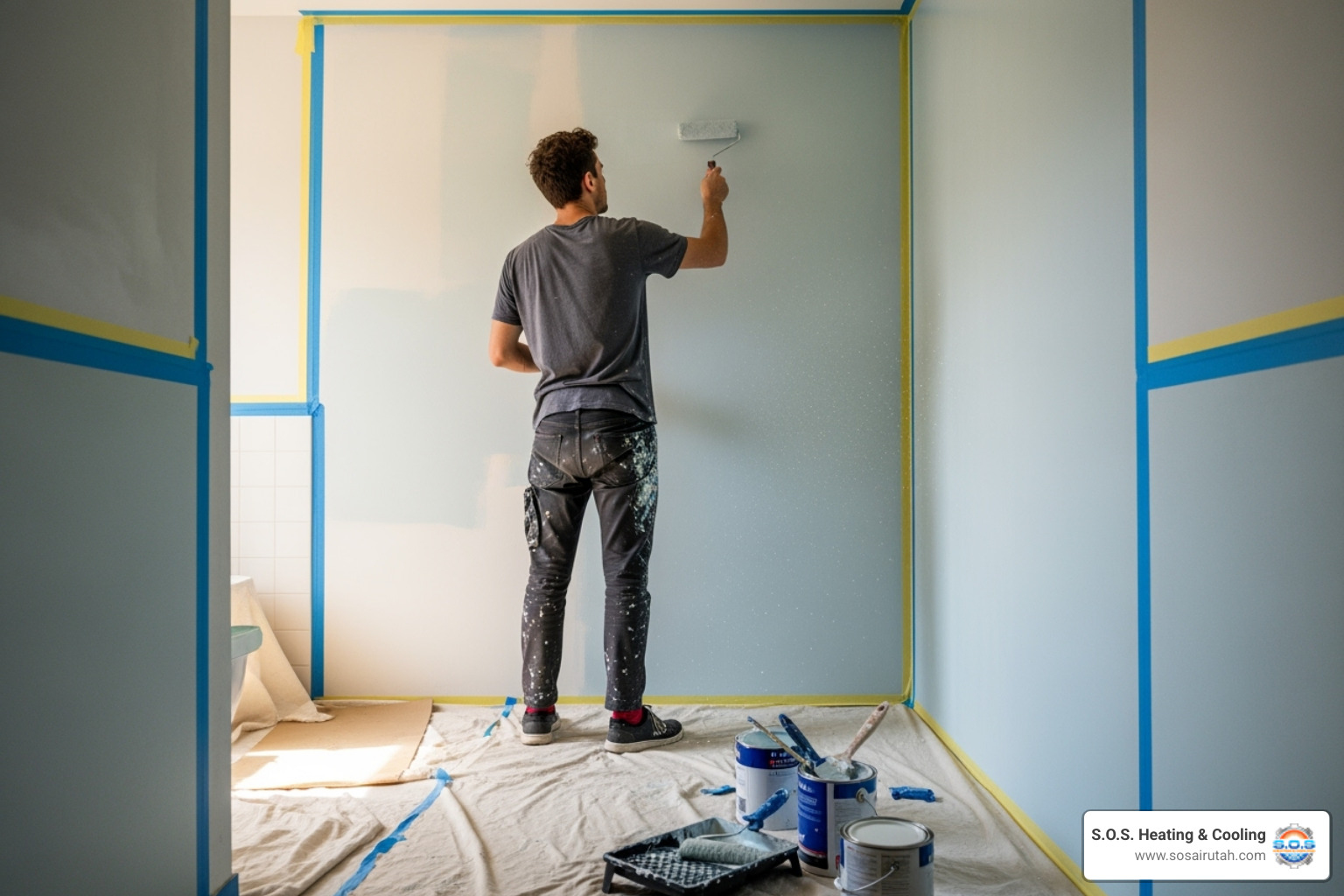 person painting a bathroom wall as a DIY task - Bathroom renovation quotes