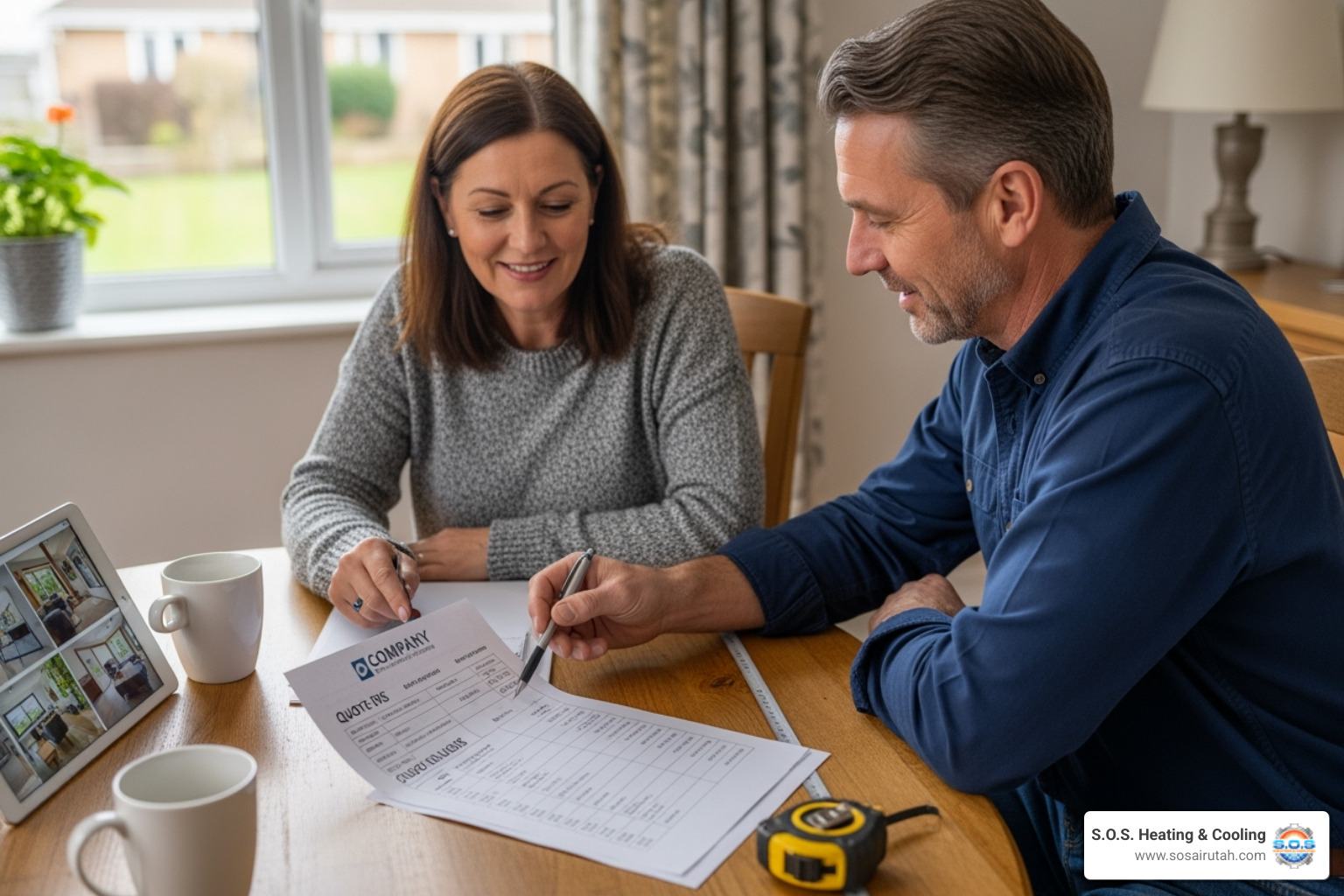 homeowner reviewing a quote document with a contractor - Bathroom renovation quotes