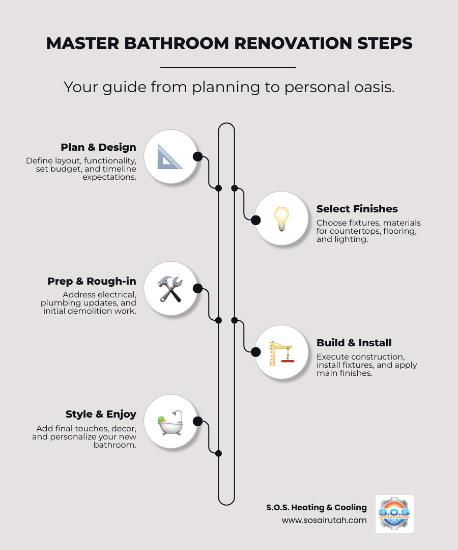 Comprehensive infographic showing the 8 key steps of master bathroom renovation: 1) Planning and design phase with layout considerations, 2) Setting realistic budget and timeline, 3) Selecting fixtures like tubs, showers, and vanities, 4) Choosing materials for countertops and flooring, 5) Planning electrical and plumbing updates, 6) Demolition and construction phase, 7) Installation of fixtures and finishes, 8) Final styling and personal touches - Master bathroom renovation infographic infographic-line-5-steps-neat_beige