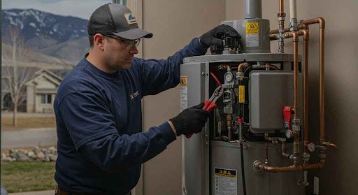 Man adjusting water heater with pliers.