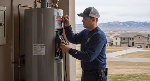 Man working on outdoor water heater.