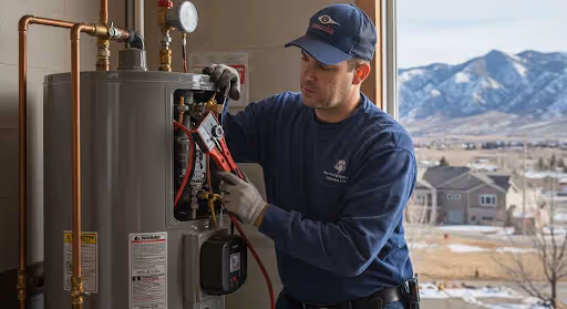 A gloved technician in a blue uniform and baseball cap uses a diagnostic tool to perform a repair on a water heater in a home.