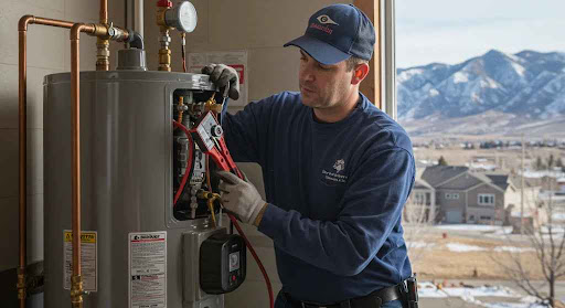 Man servicing water heater, outdoor backdrop.