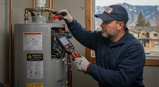 Man servicing water heater with tools.