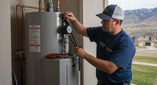 A gloved technician wearing a blue shirt and a baseball cap is installing a pressure gauge and other components on a large, tank-style water heater in a residential setting.