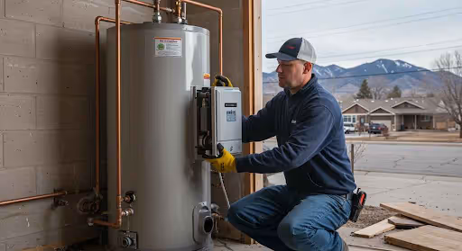 Man working on water heater outdoors.