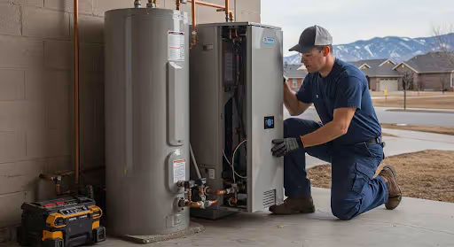 Man inspecting water heater unit outdoors.