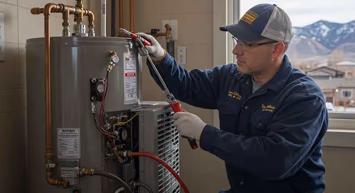 A technician in a blue uniform and baseball cap is shown in two separate images using a wrench and a diagnostic device to install or repair a tank-style water heater.