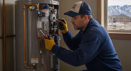 Man repairing water heater with tools.