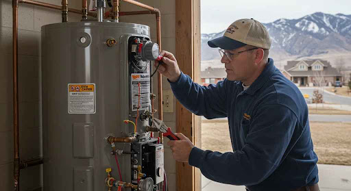 Man checking water heater, outdoor setting.