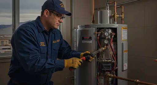 Man adjusting water heater with wrench.