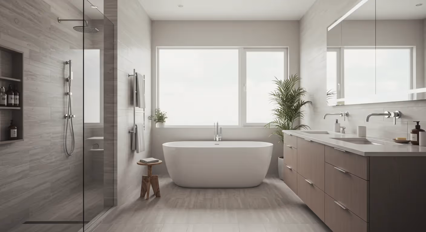 Modern bathroom with tub, shower, and vanity.