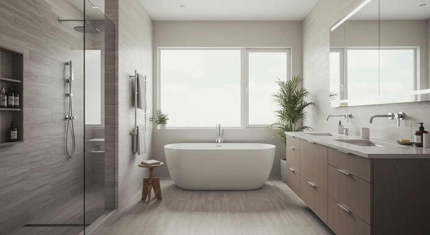 A contemporary bathroom featuring a sleek bathtub and a stylish shower, showcasing modern design elements.
