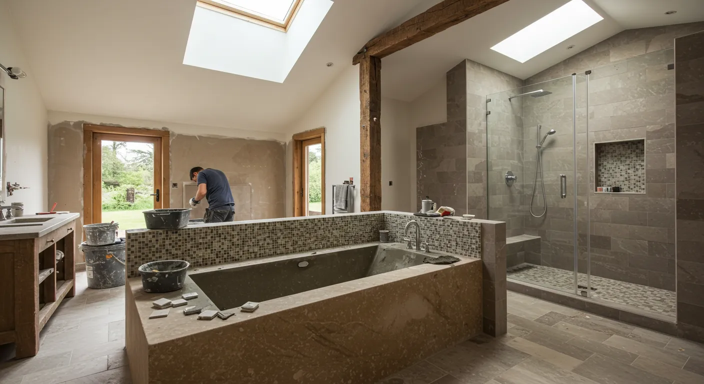 Bathroom renovation in progress with worker.