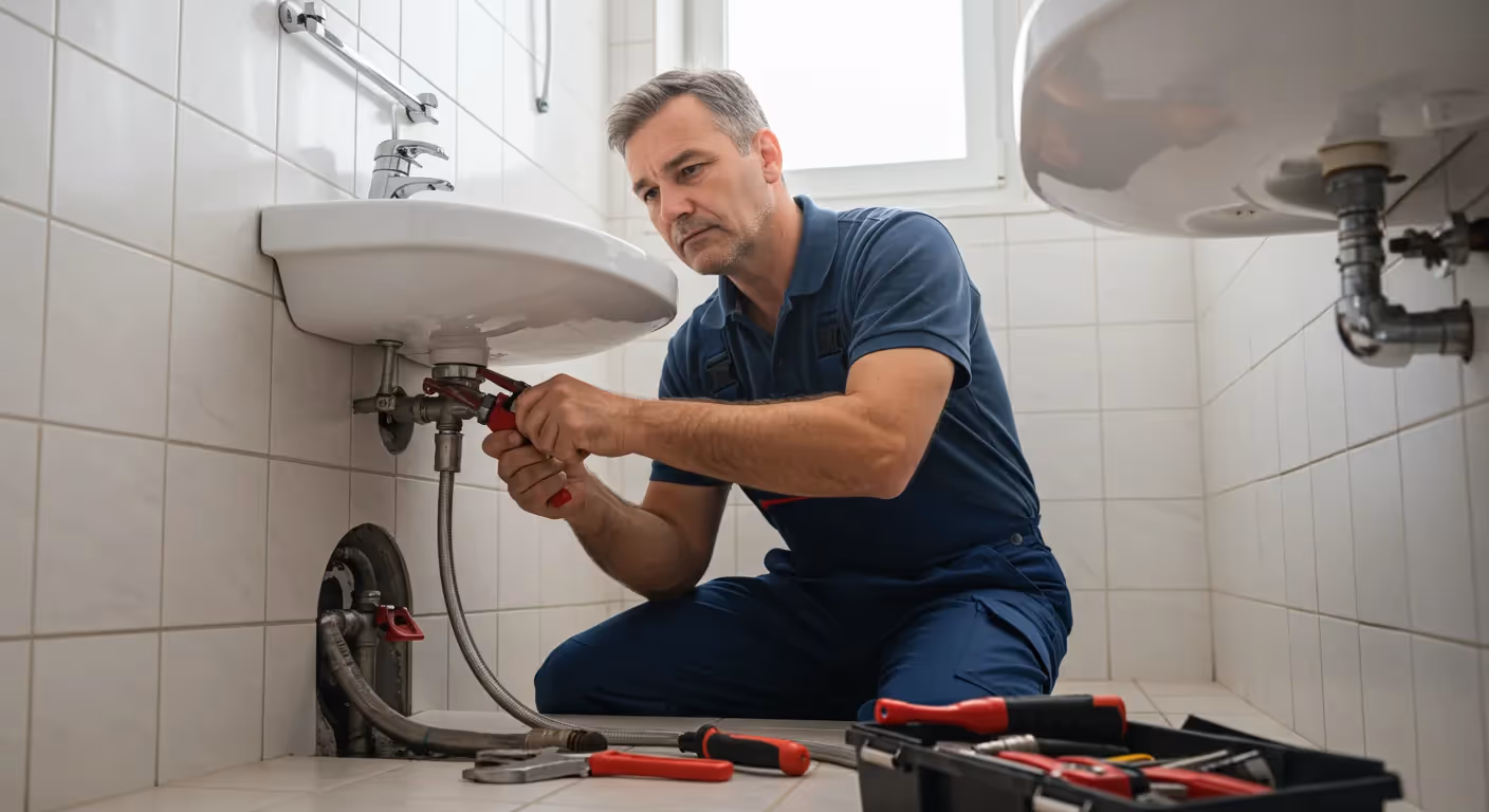 A plumber is using a tool to repair a under sink pipe