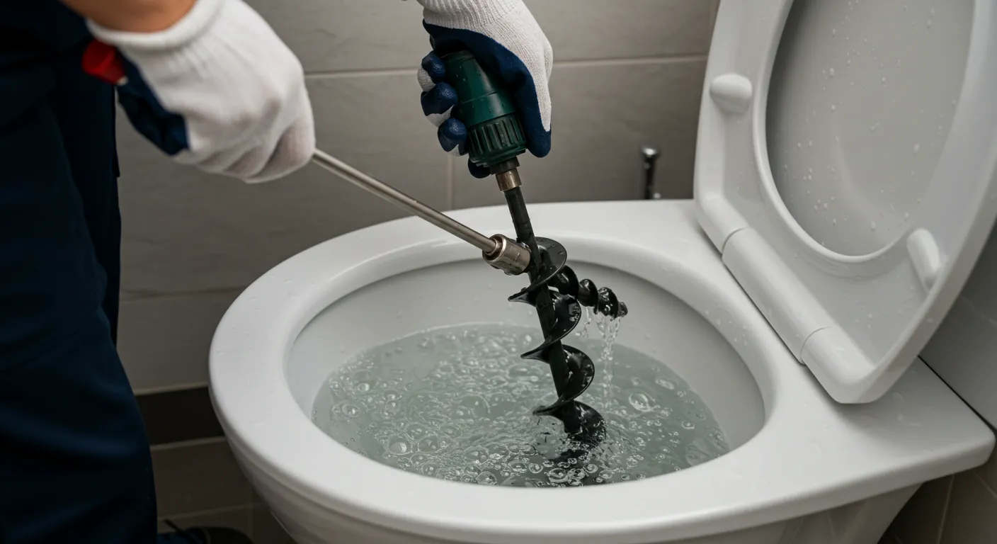A close shot of person wearing white gloves is unclogging the commode drainage system