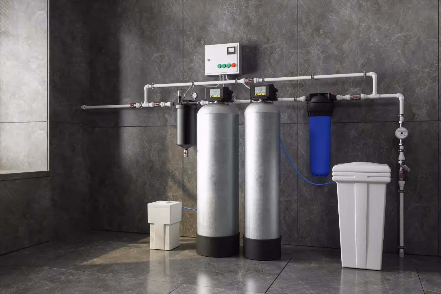 A complete home water filtration and softening system with multiple tanks and filters against a dark grey tiled wall