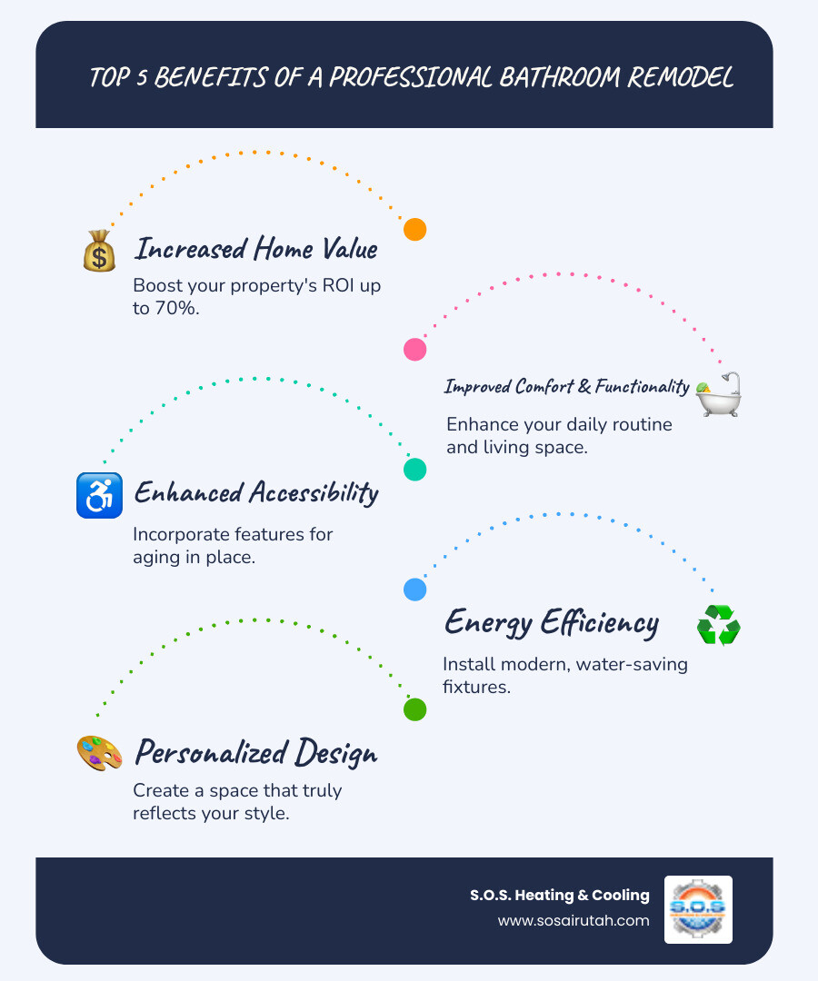 Infographic showing the top 5 benefits of professional bathroom renovation: increased home value up to 70% ROI, improved daily comfort and functionality, improved accessibility features for aging in place, energy efficiency with modern fixtures, and personalized design reflecting your style - bathroom renovation utah infographic infographic-line-5-steps-blues-accent_colors