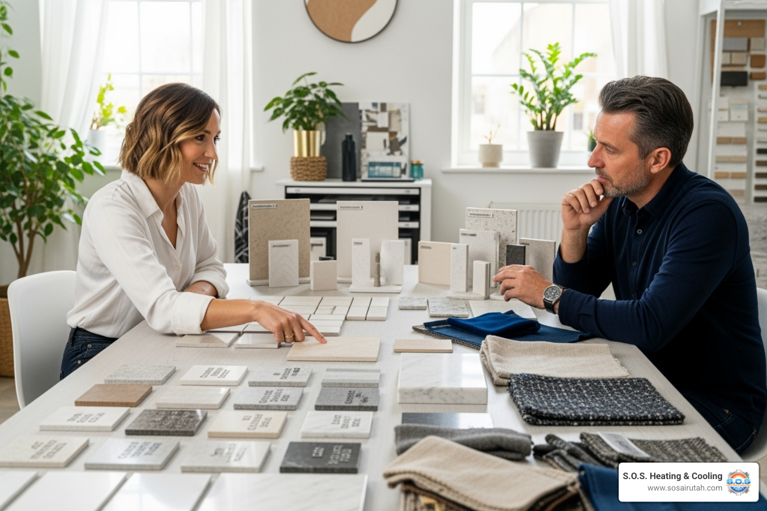 image of a design consultation with material samples like tile and countertops - bathroom renovation utah