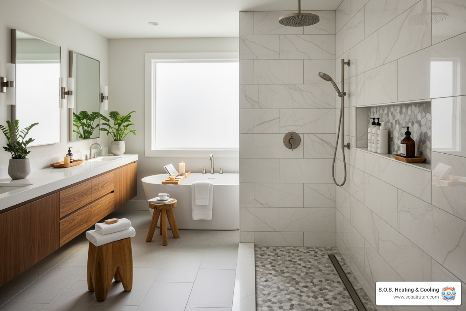 image of a spa-like bathroom featuring a walk-in shower with a rainfall head - bathroom renovation utah