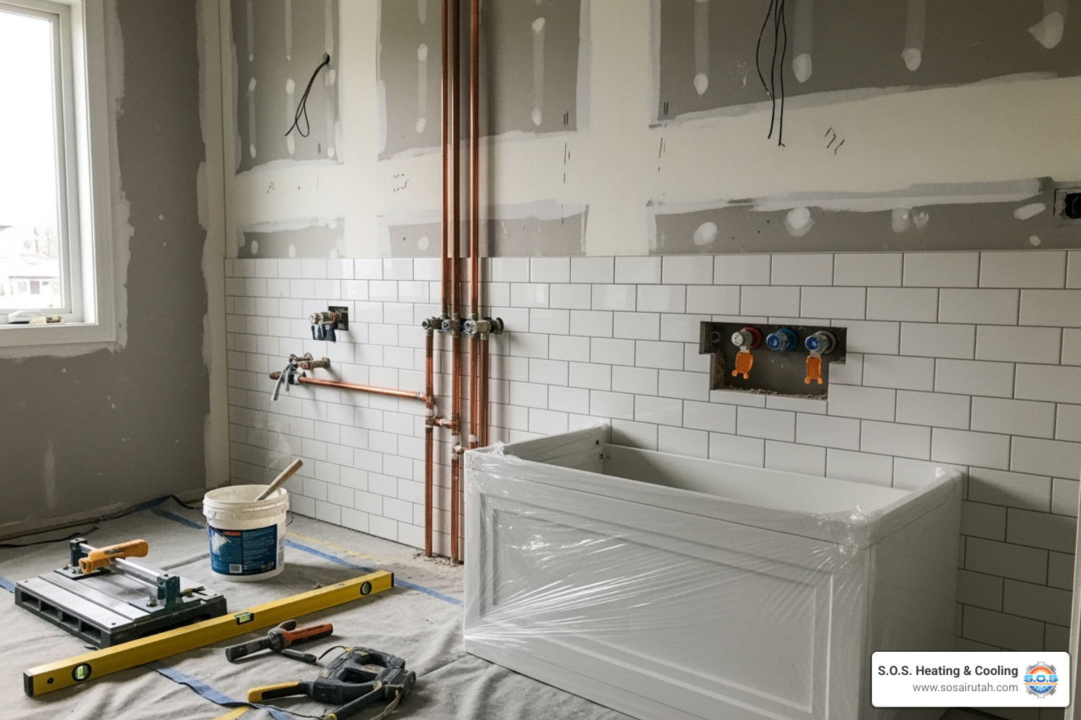 image of a clean and organized bathroom mid-renovation, showing new plumbing or tile work - bathroom renovation utah