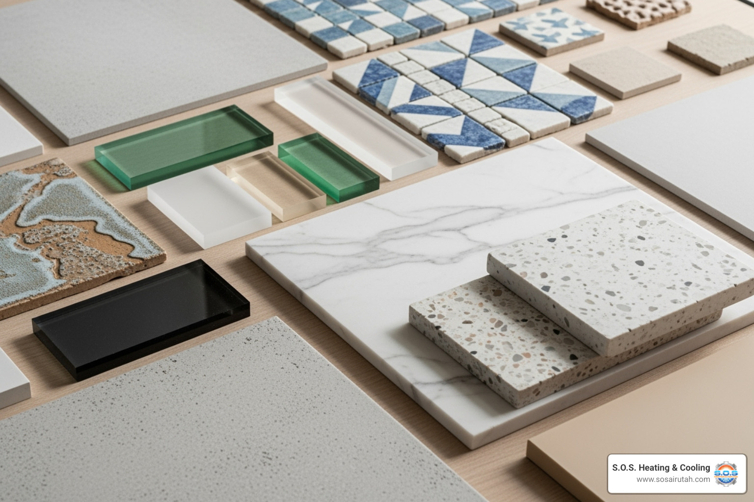 various bathroom material samples like tile, acrylic, and vanity countertops - affordable bathroom remodeling provo utah