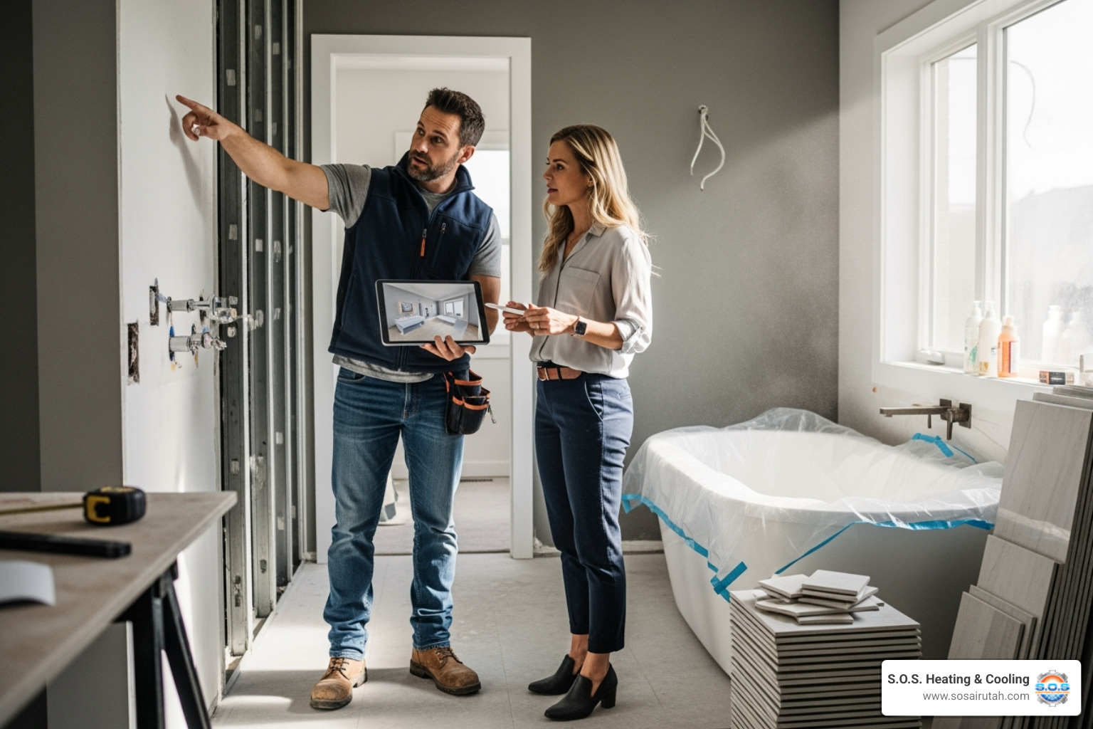 contractor consulting with a homeowner in a bathroom - affordable bathroom remodeling provo utah