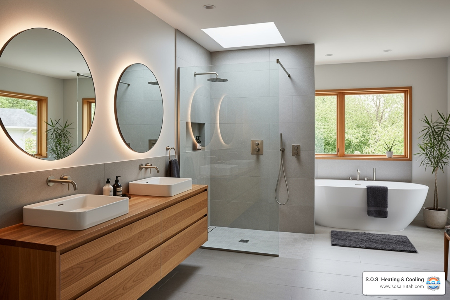 bathroom featuring natural wood tones and a large, sleek walk-in shower - affordable bathroom remodeling provo utah