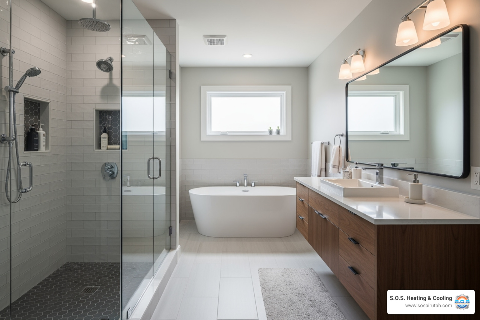 transitional style bathroom with walk-in shower and floating vanity - bathroom remodel orem