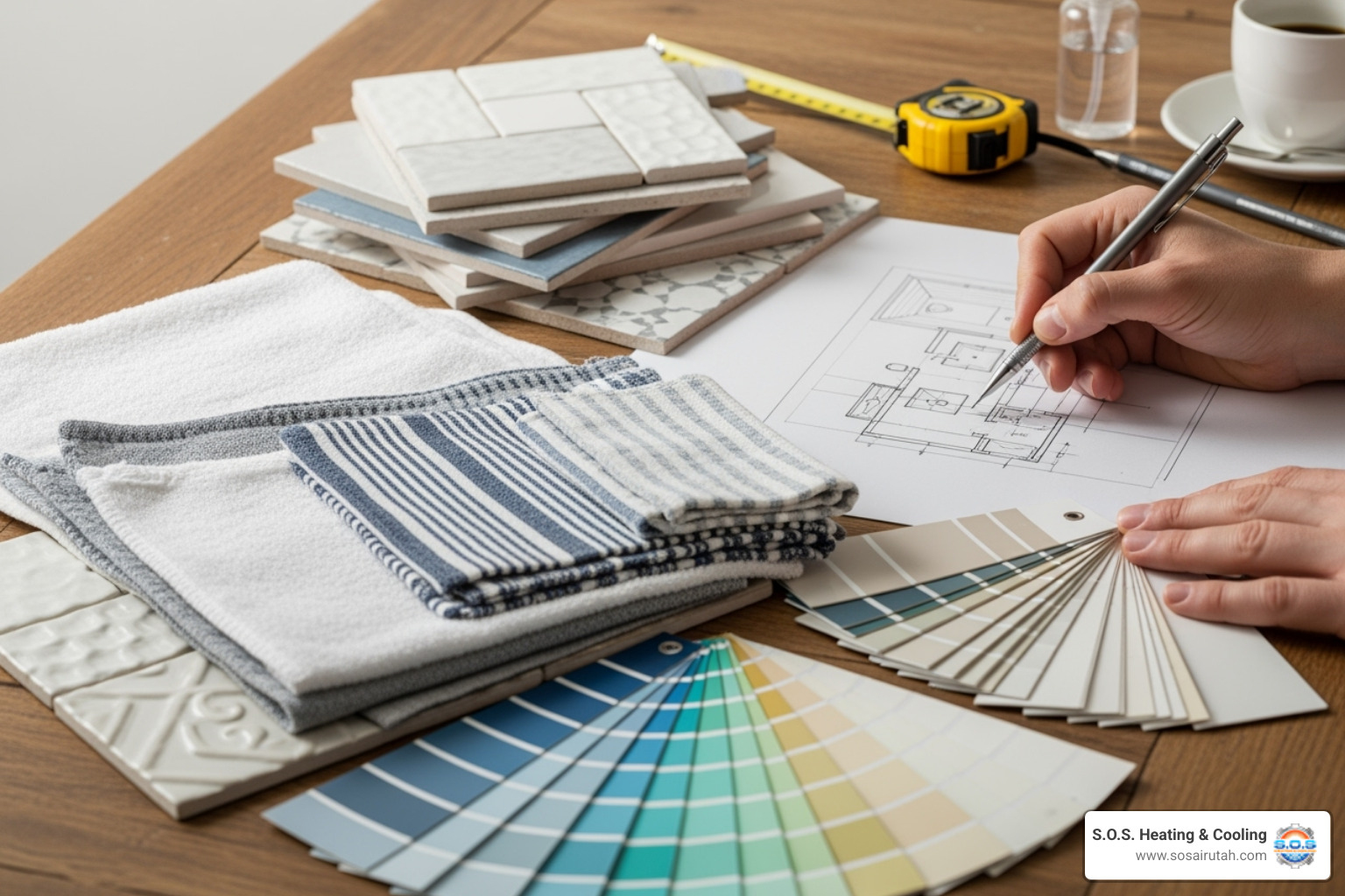 person sketching bathroom plans with material samples - bathroom remodel orem