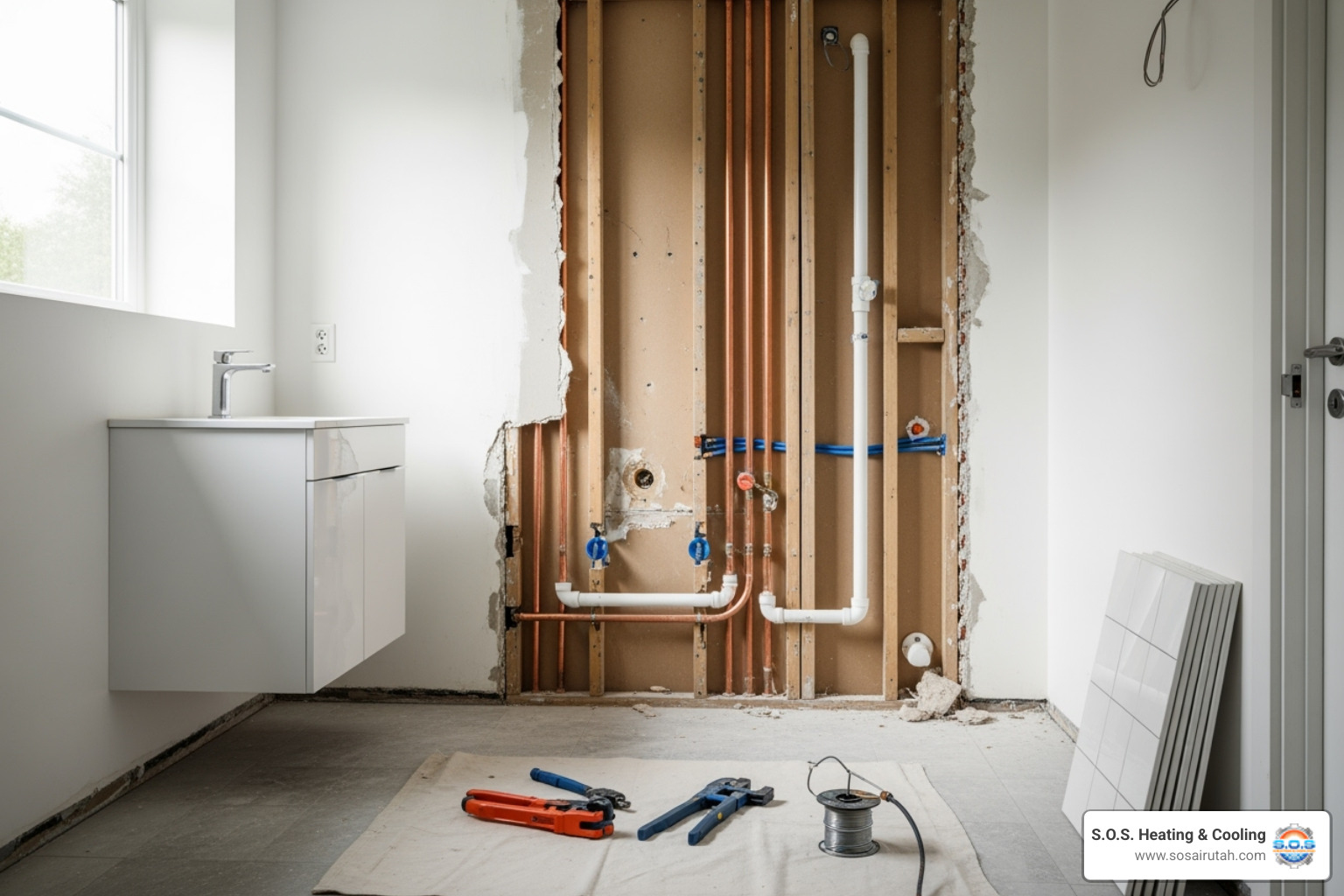 clean and organized bathroom mid-demolition showing new plumbing lines - bathroom remodel orem