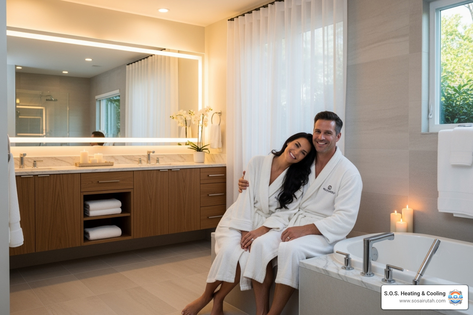 happy couple in remodeled spa-like bathroom - how much to remodel a.bathroom provo utah