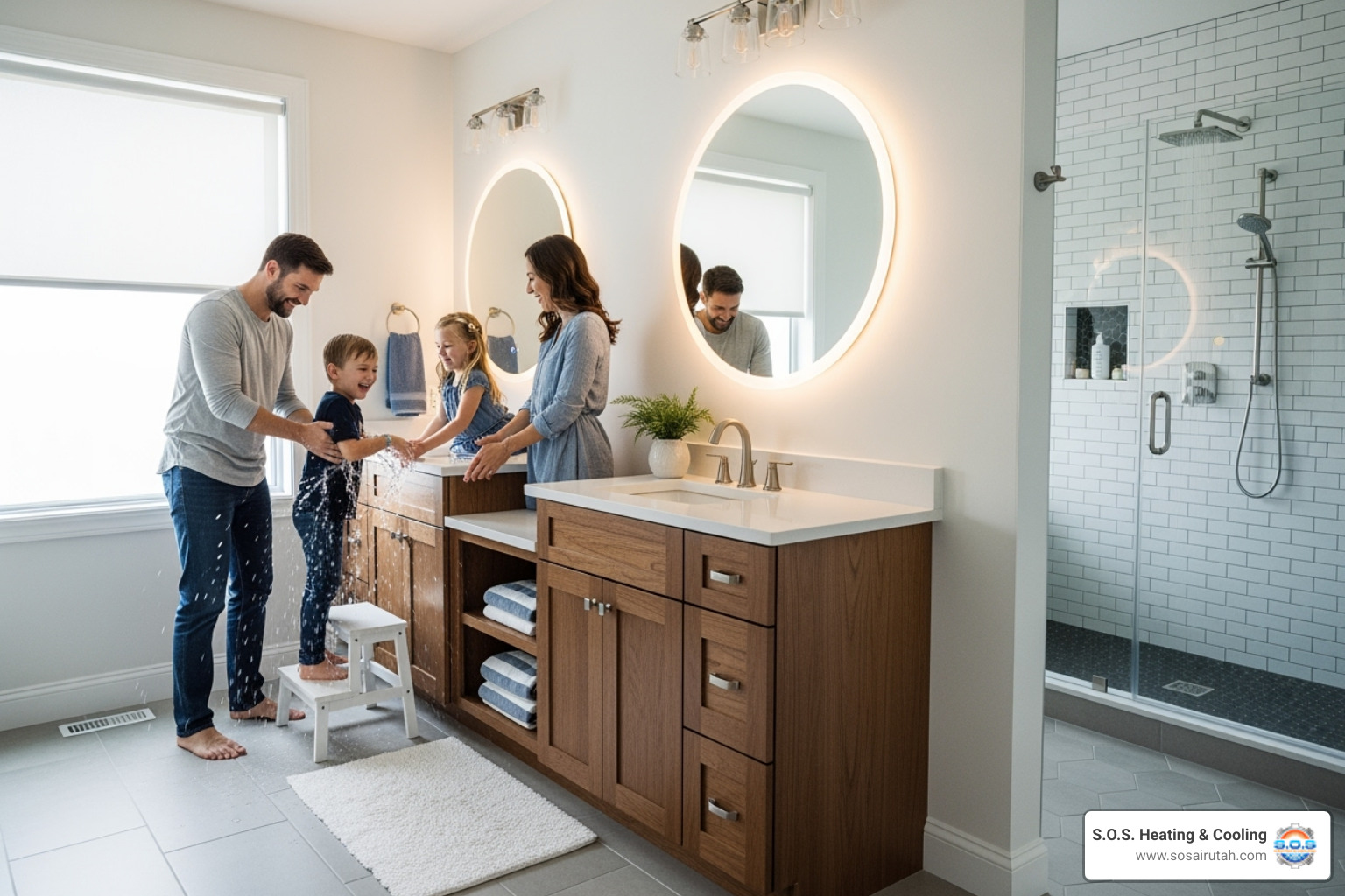 family enjoying a newly remodeled, functional bathroom - Bathroom remodel cost