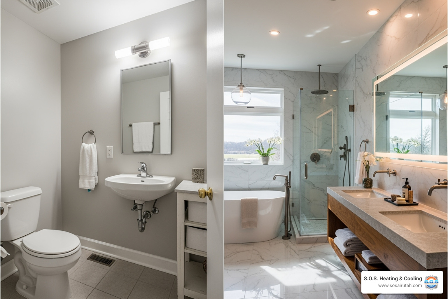 Mid-range bathroom next to a high-end luxury bathroom for comparison - Bathroom remodel cost