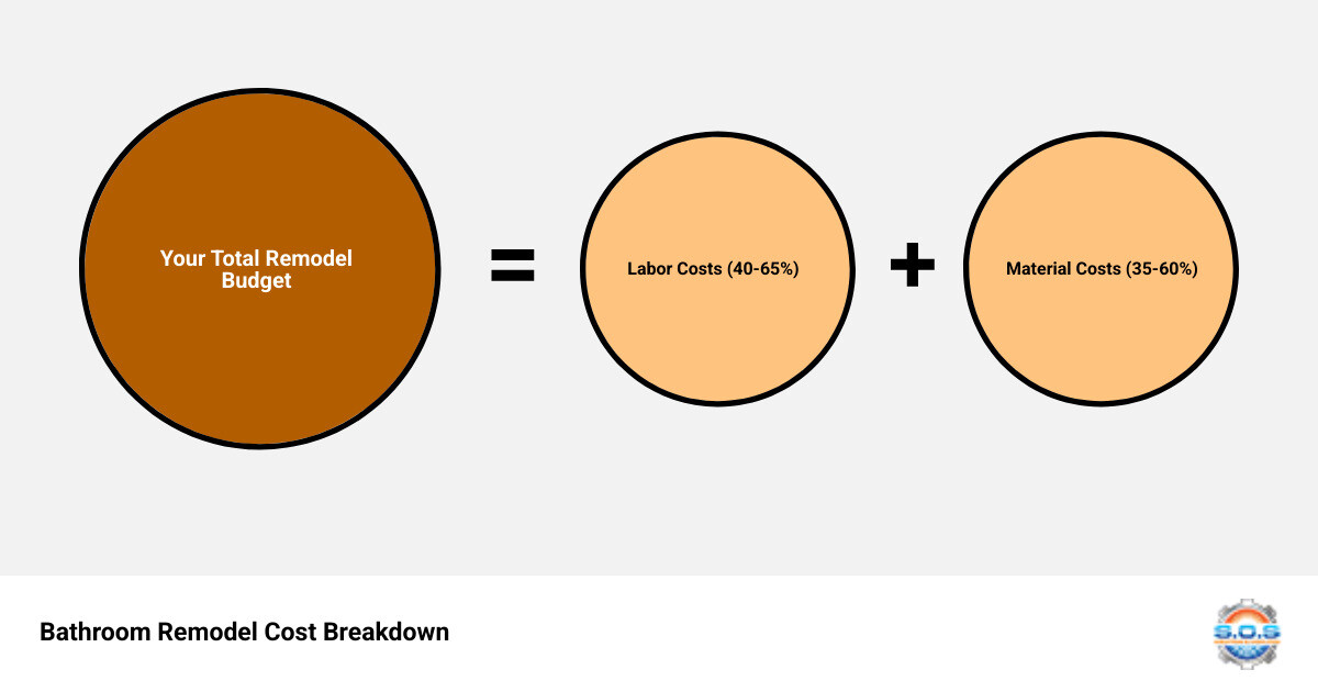 Infographic showing bathroom remodel cost breakdown: 40-65% labor costs including plumbing, electrical, and tile work; 35-60% materials including fixtures, tile, vanities, and countertops; with average timeline of 3-8 weeks - Bathroom remodel cost infographic sum_of_parts
