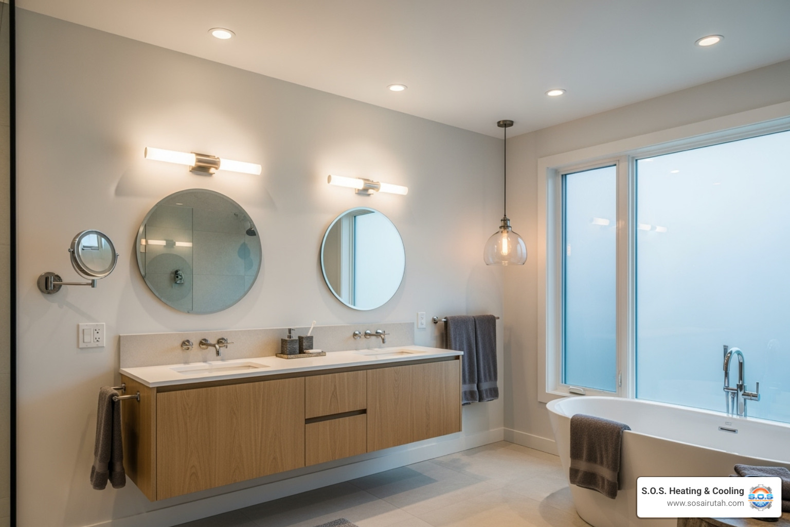 bathroom with layered lighting including sconces and recessed lights - Bathroom remodel ideas