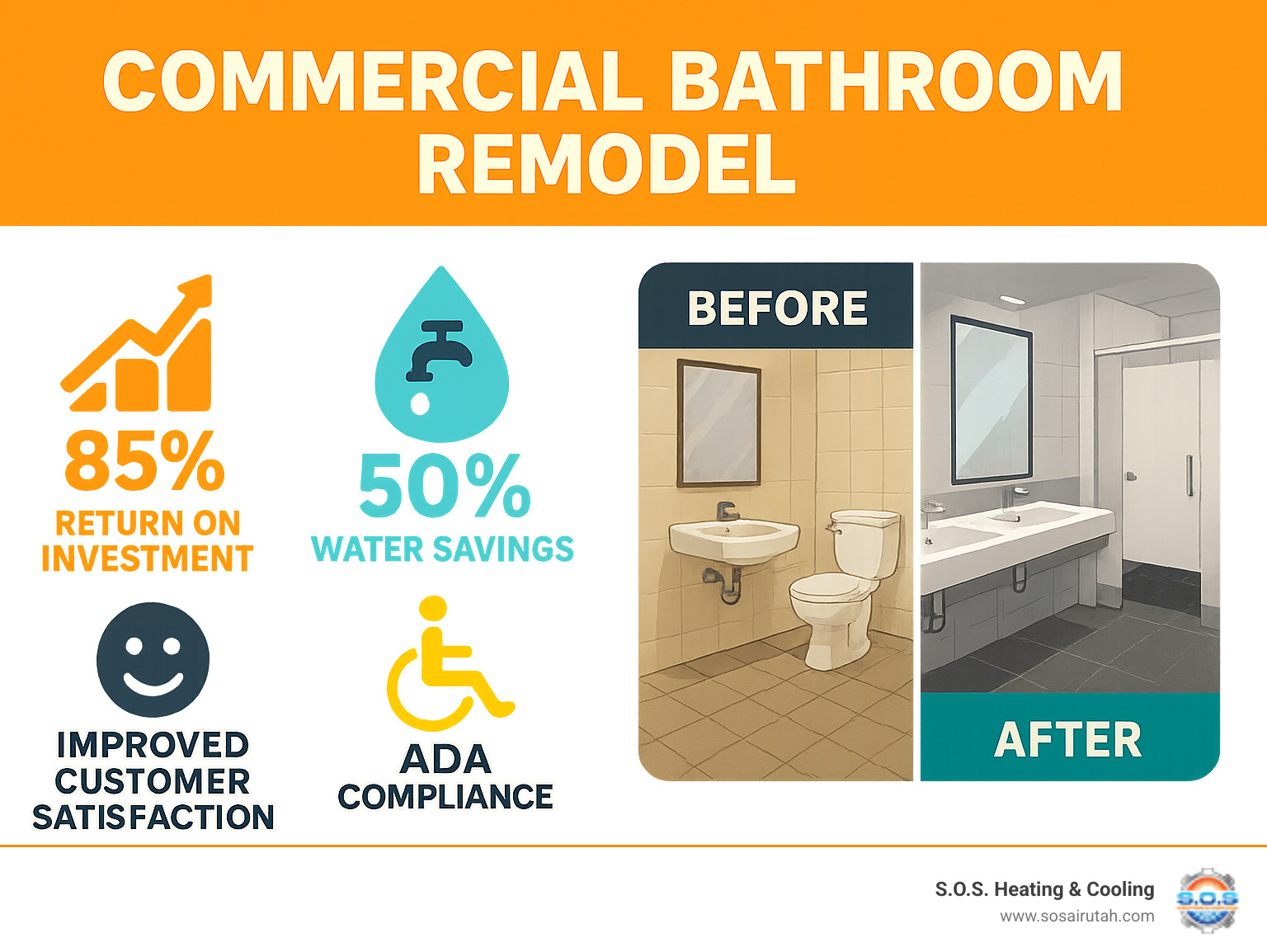 Comprehensive infographic showing commercial bathroom remodel benefits including 85% ROI, 50% water savings from automatic faucets, improved customer satisfaction metrics, ADA compliance features, and before-and-after change examples - Commercial bathroom remodel infographic 