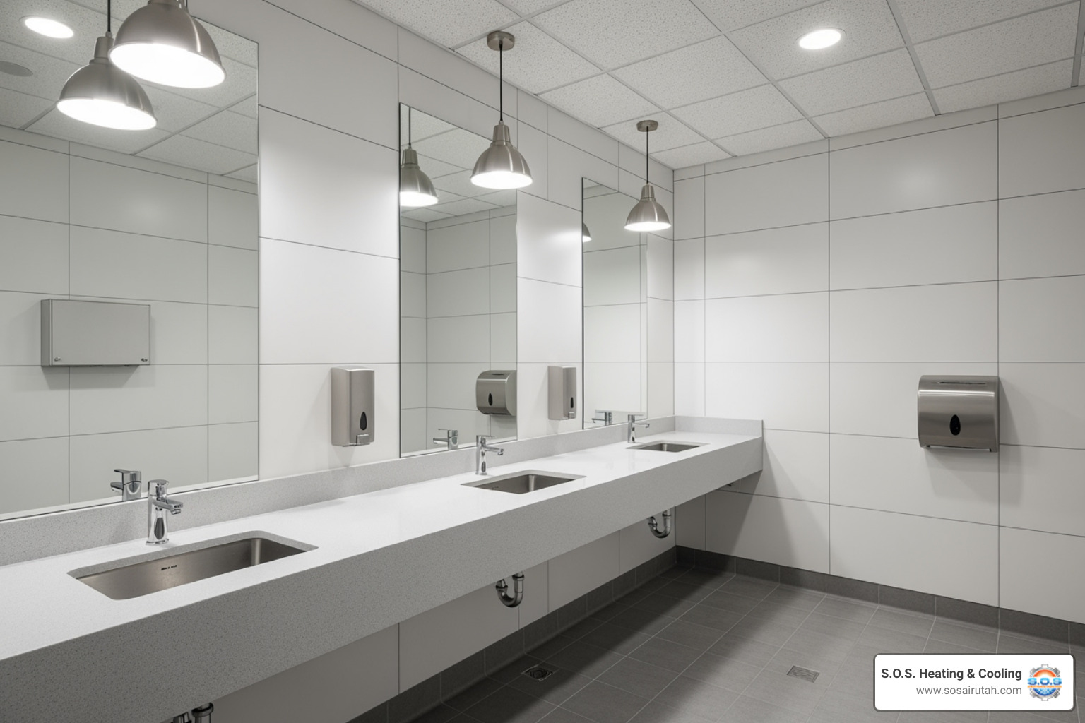 Commercial bathroom with durable materials like quartz countertops and stainless steel fixtures - Commercial bathroom remodel