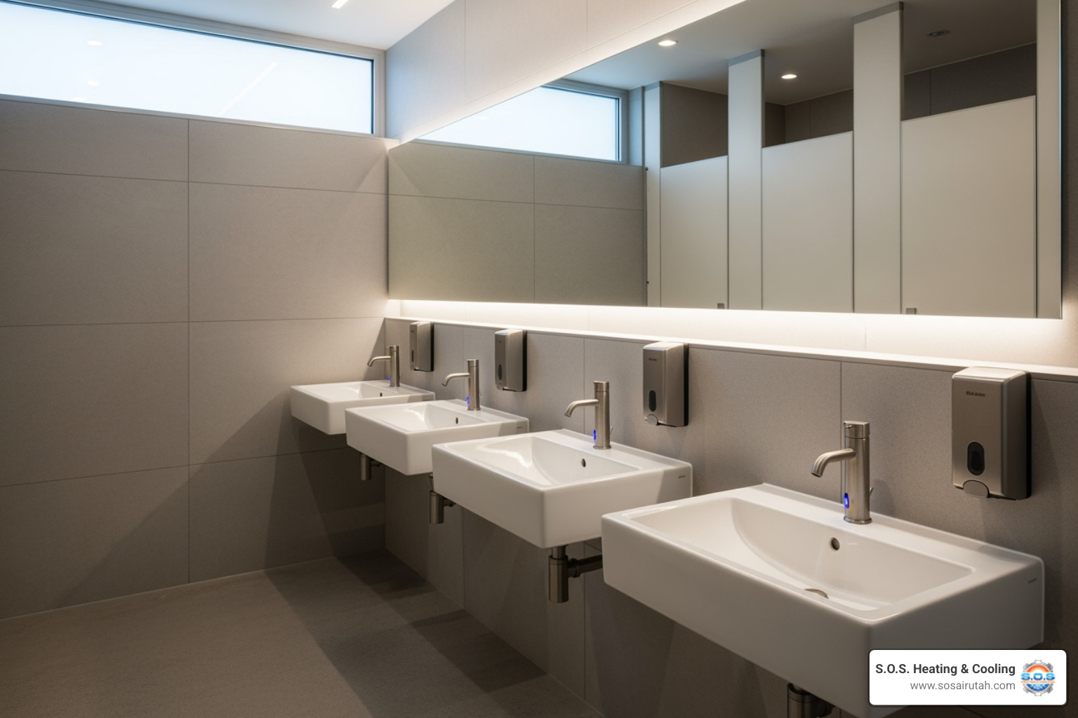 Sleek commercial bathroom with touchless faucets and automatic soap dispensers - Commercial bathroom remodel