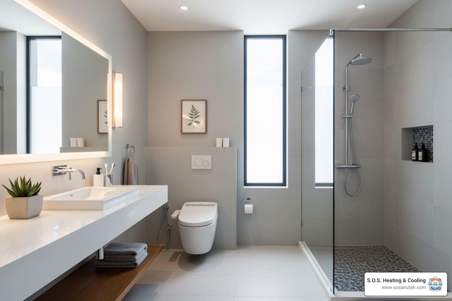 water-saving toilet and low-flow showerhead in a stylish bathroom - bath remodel contractor