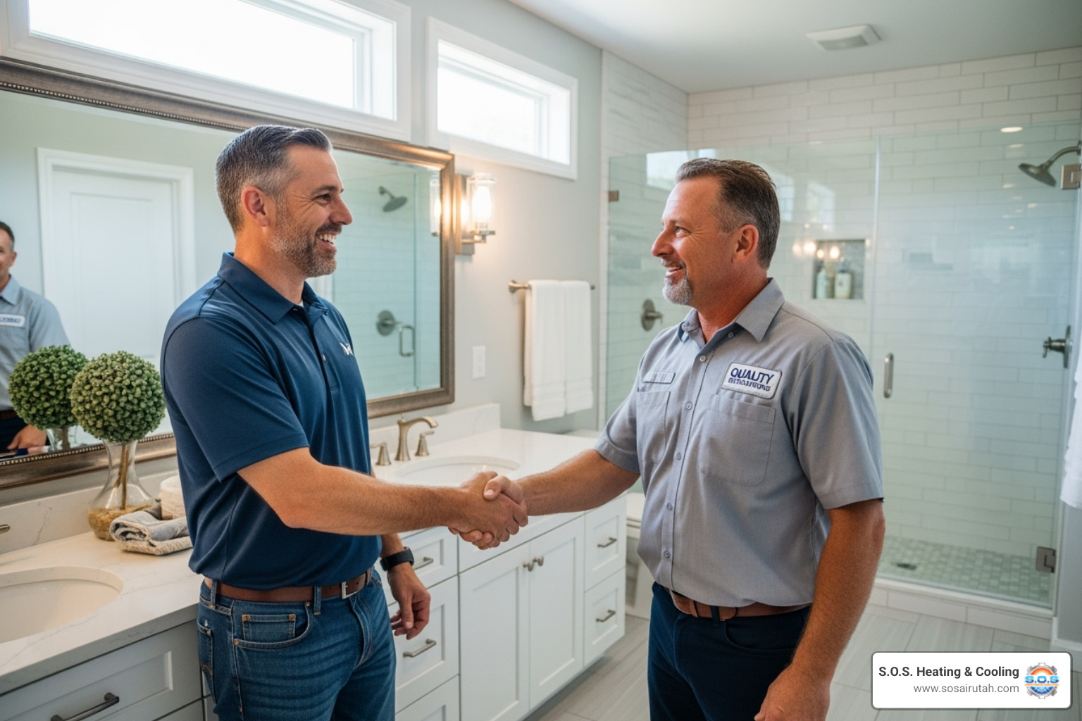 homeowner shaking hands with a friendly contractor in a bathroom - bath remodel contractor