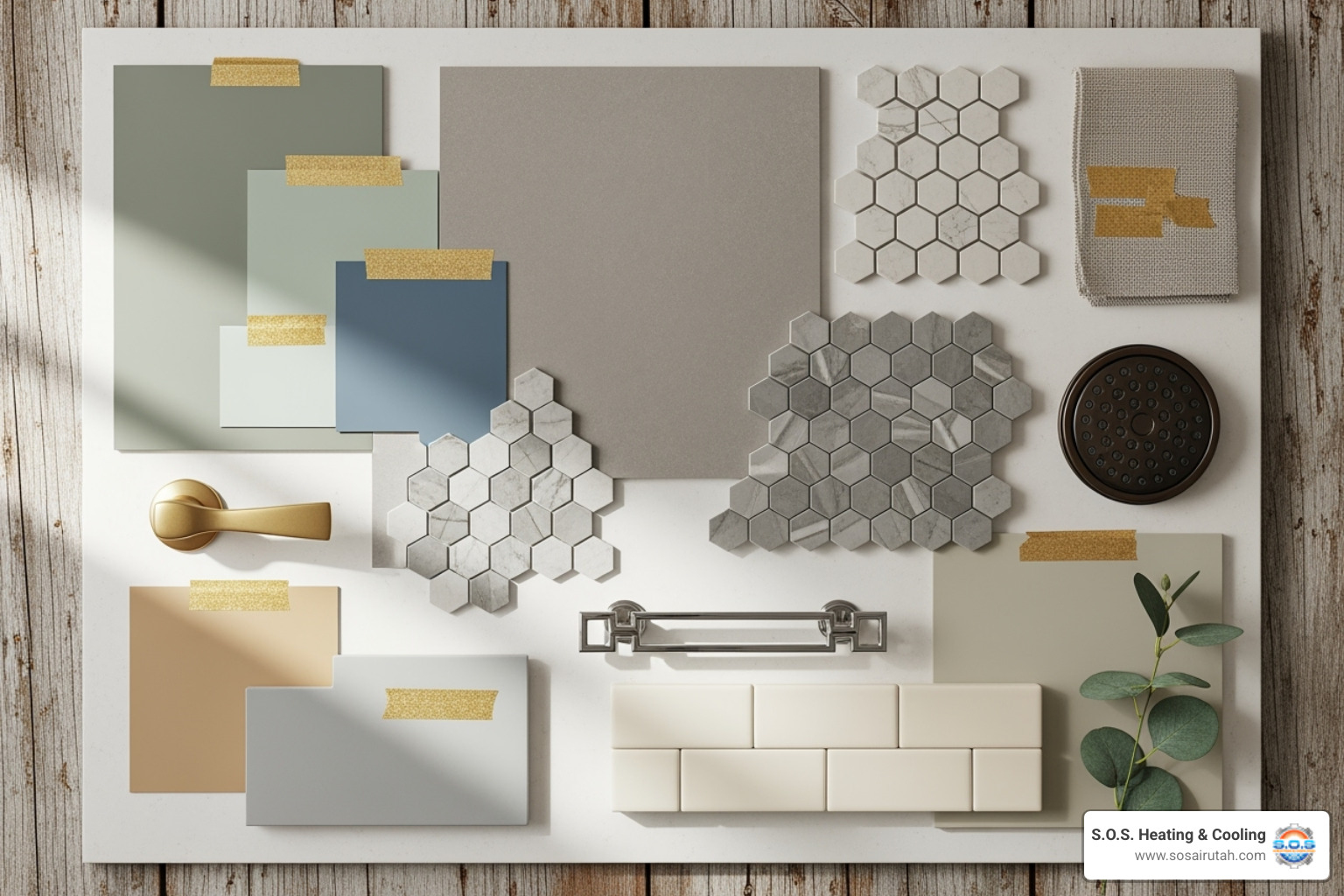 A mood board showing tile samples, paint swatches, and fixture finishes - Residential bathroom remodel