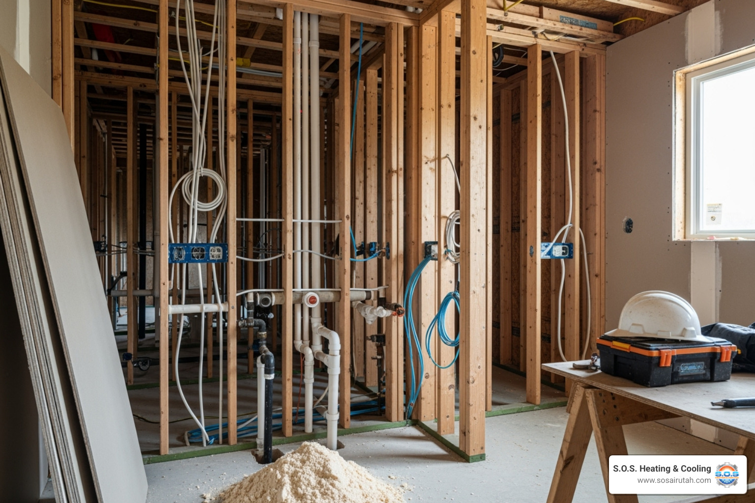 A bathroom during the construction phase with exposed plumbing and framework - Residential bathroom remodel
