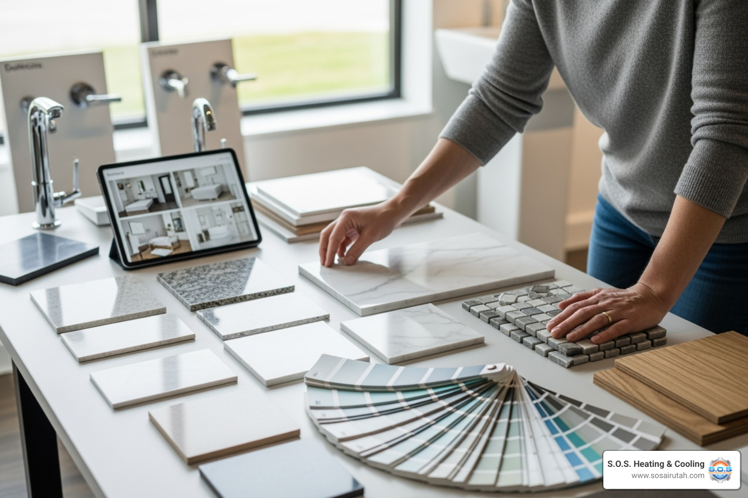 person looking at bathroom material samples - bathroom remodeling utah county