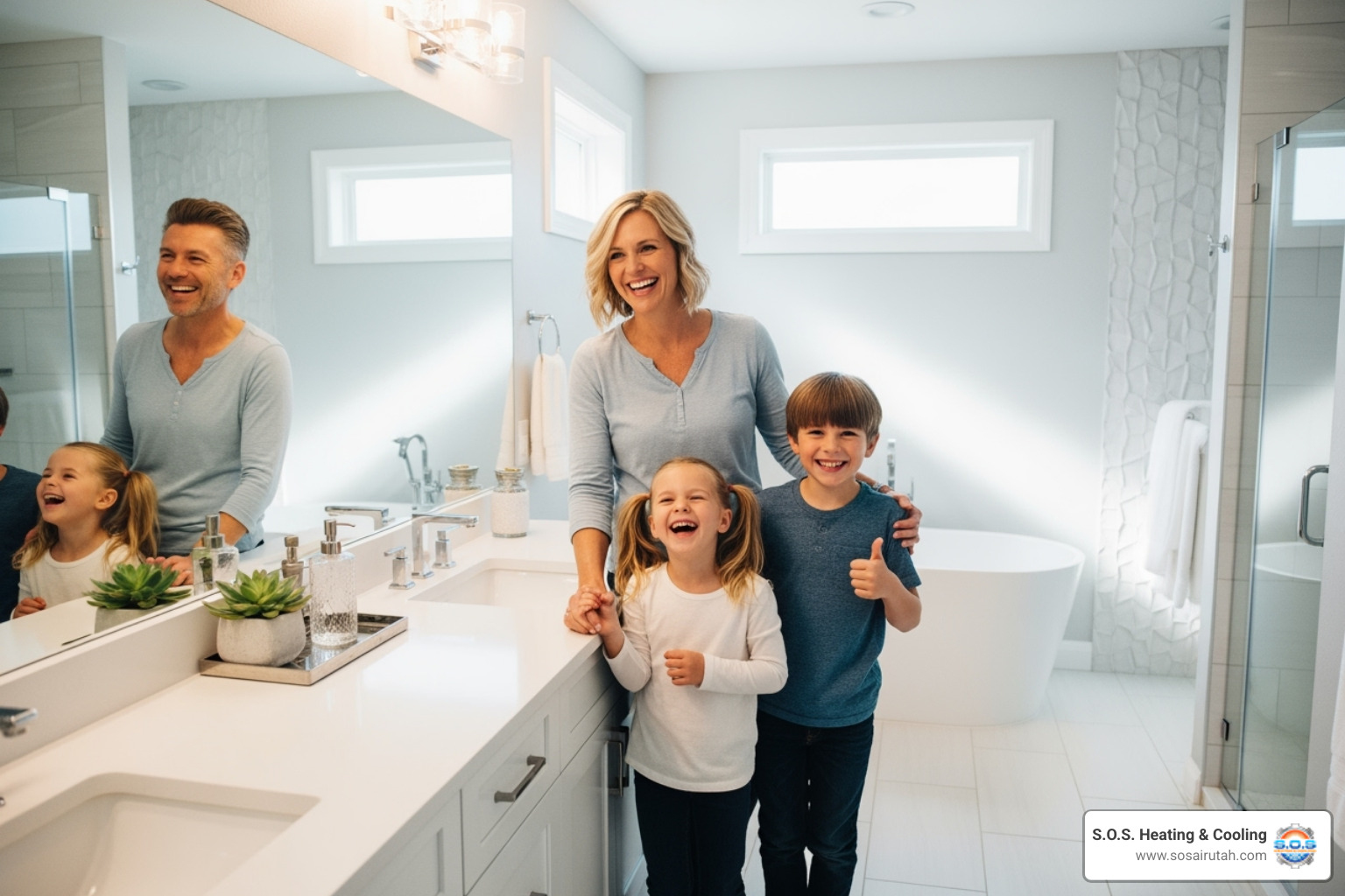 A happy family enjoying their newly remodeled bathroom - bathroom remodel davis county utah