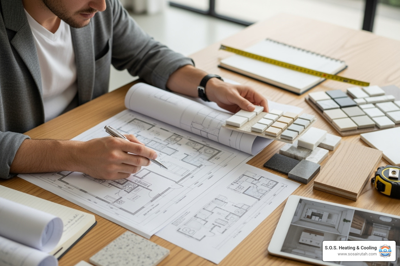 A person reviewing blueprints and material samples for a bathroom remodel - bathroom remodel davis county utah