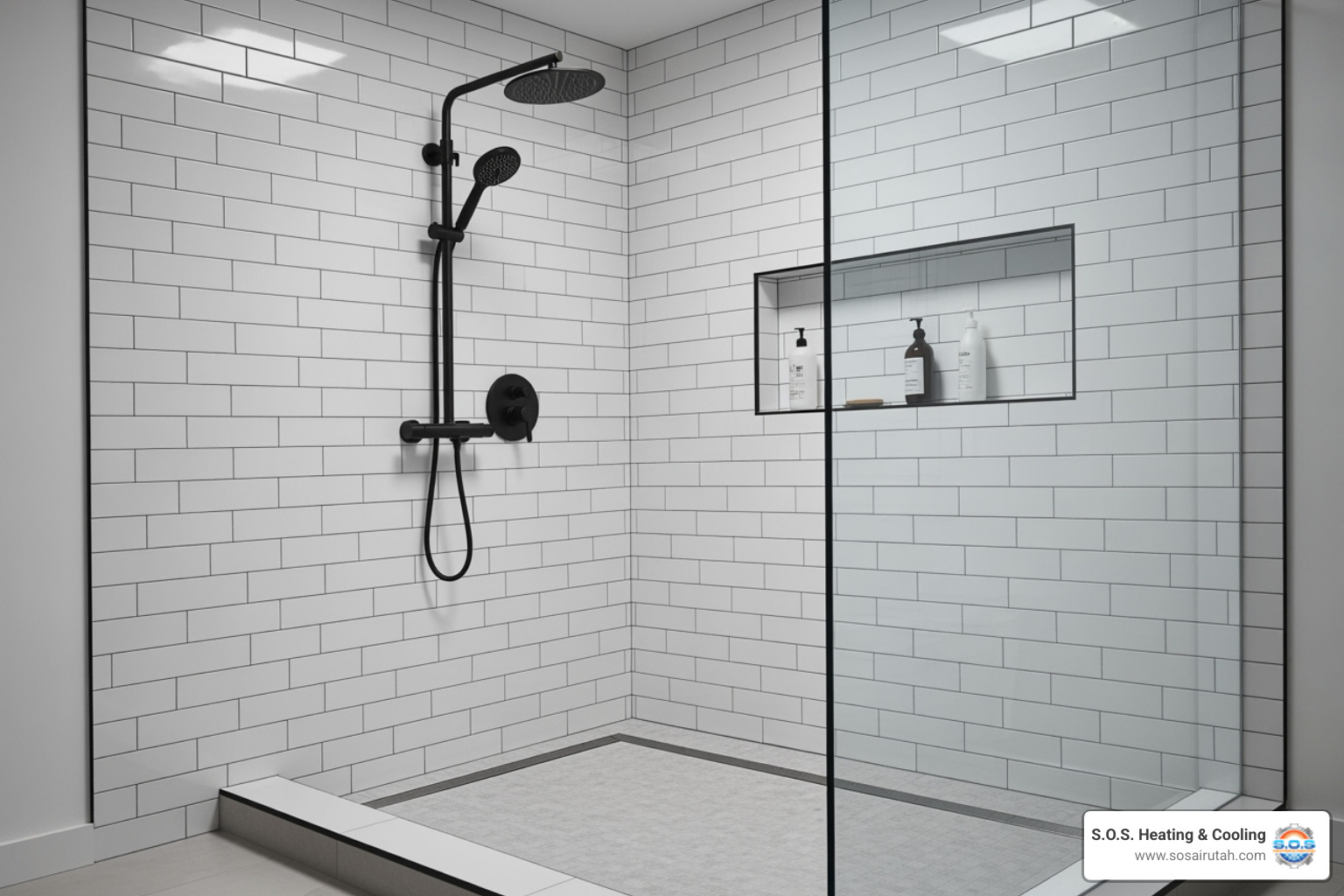A stylish walk-in shower with black matte fixtures and subway tile - bathroom remodel davis county utah
