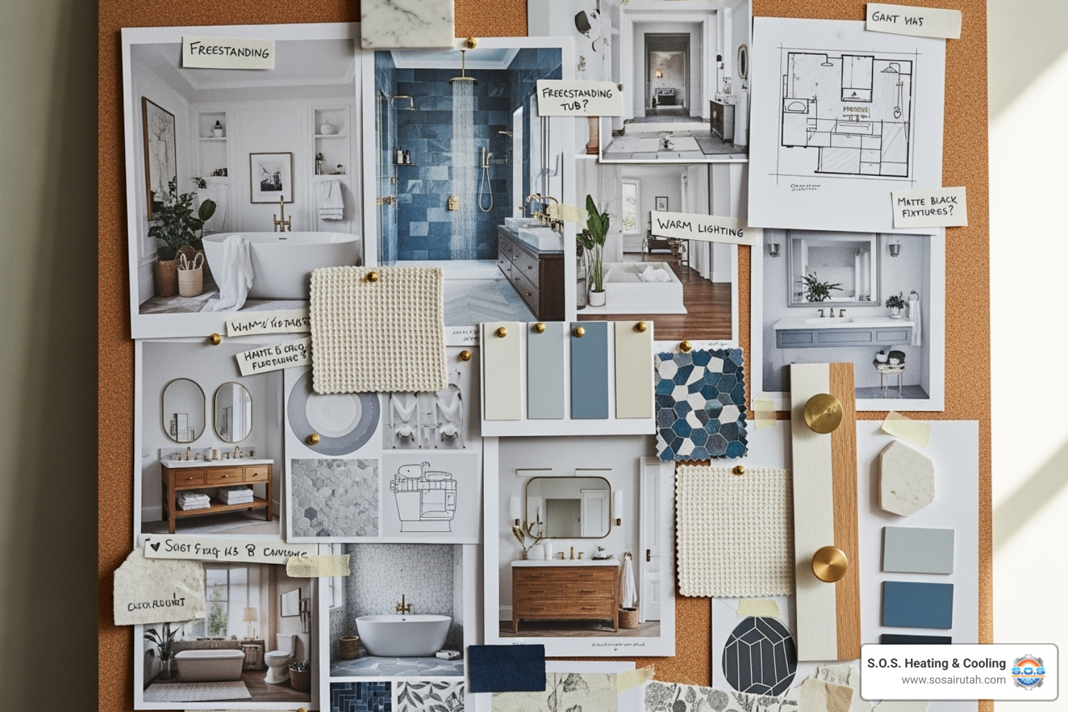 Homeowner's inspiration board with magazine clippings and material samples - Bathroom design consultation