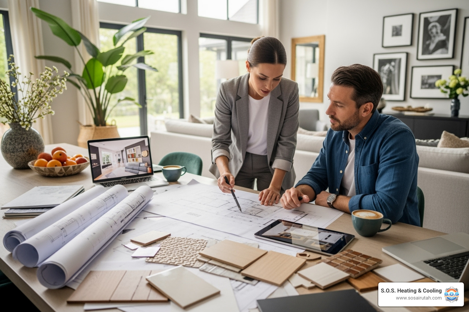 Designer and homeowner reviewing blueprints and material samples - Bathroom design consultation