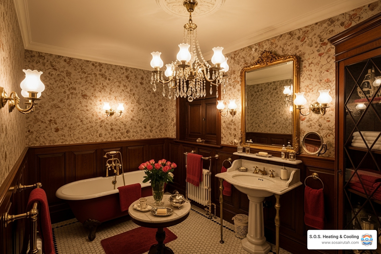 A Victorian bathroom with a chandelier and wall sconces creating a warm, inviting glow - Victorian bathroom design A Victorian bathroom with a chandelier and wall sconces creating a warm, inviting glow - Victorian bathroom design